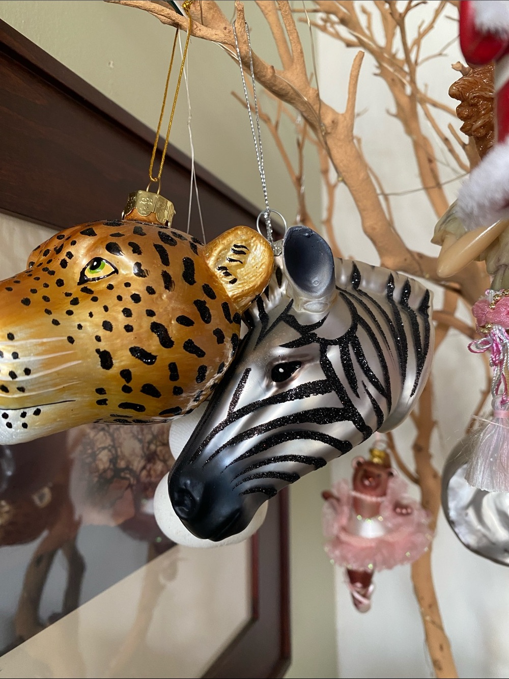 Zebra Head Glass  Ornament Silver and Black
